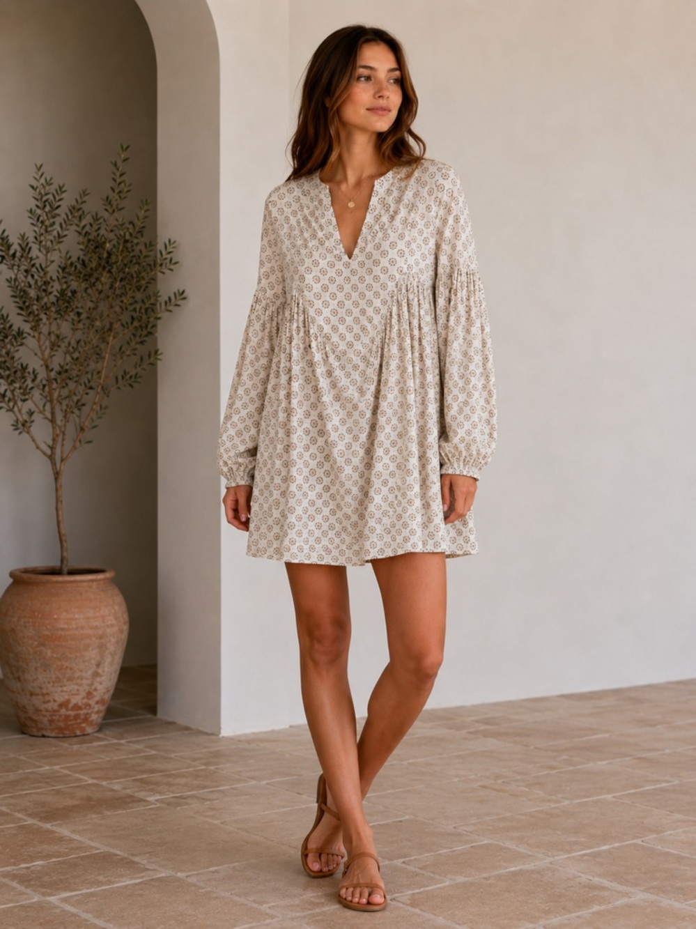 Olivaceous Cream Printed V-Neck Tiered Babydoll Dress
